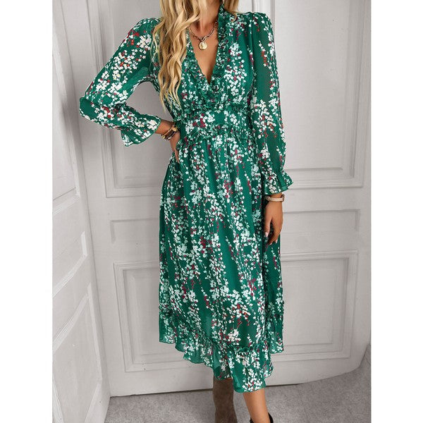 Womens Wrap V Neck Ruffle Floral Maxi Dress
