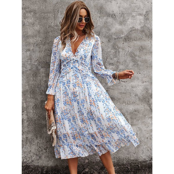 Womens Wrap V Neck Ruffle Floral Maxi Dress
