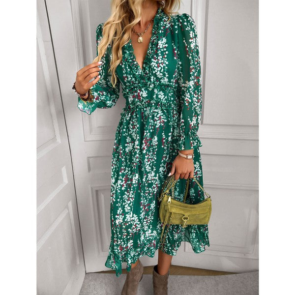 Womens Wrap V Neck Ruffle Floral Maxi Dress