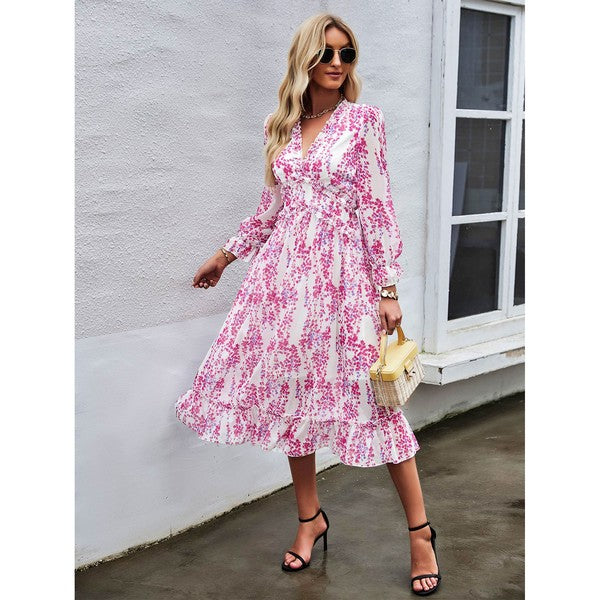 Womens Wrap V Neck Ruffle Floral Maxi Dress