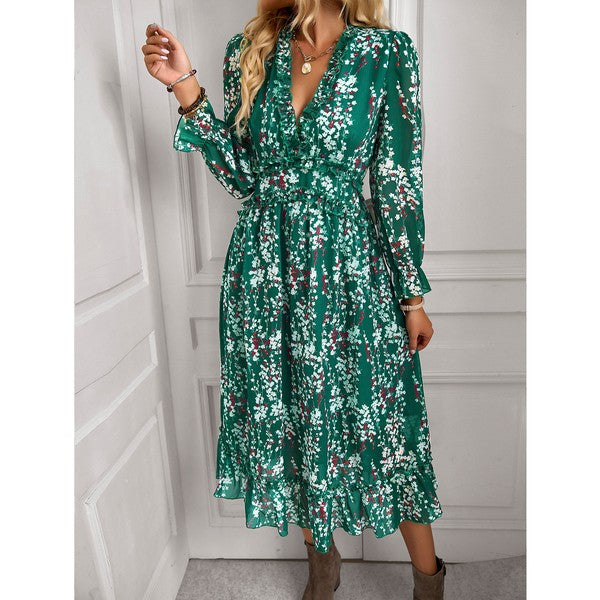 Womens Wrap V Neck Ruffle Floral Maxi Dress