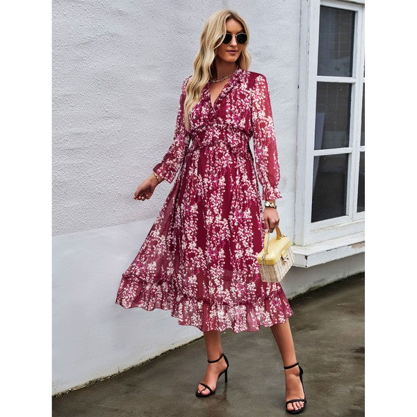 Womens Wrap V Neck Ruffle Floral Maxi Dress
