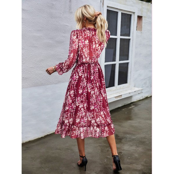 Womens Wrap V Neck Ruffle Floral Maxi Dress