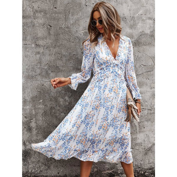 Womens Wrap V Neck Ruffle Floral Maxi Dress