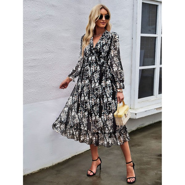 Womens Wrap V Neck Ruffle Floral Maxi Dress