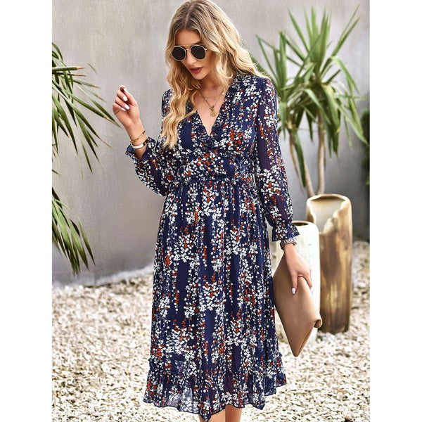 Womens Wrap V Neck Ruffle Floral Maxi Dress